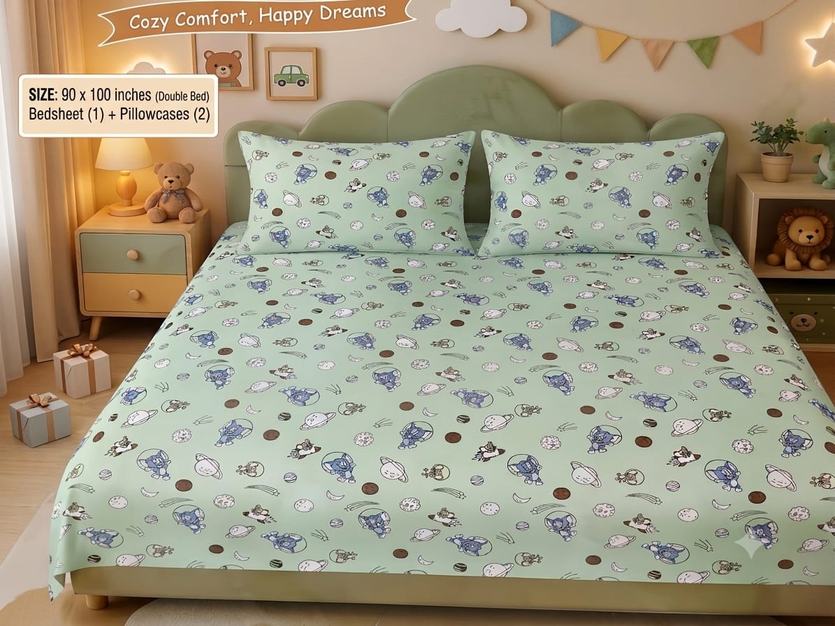 Space Astronauts Kids Cotton Bedsheet - 210 TC
